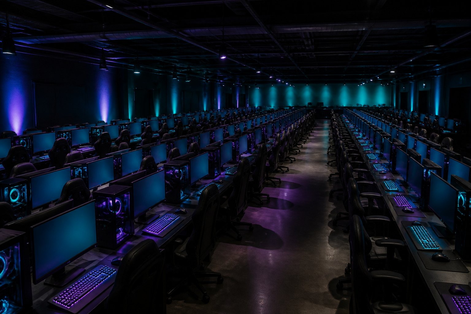 Rows of lit gaming stations receding to the back wall of the RESPAWN BASE PC CLUB hall