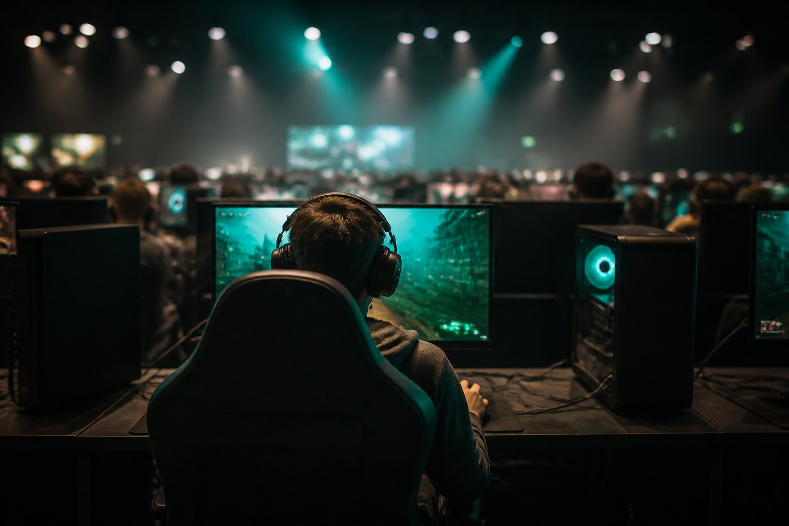 A focused player in headphones settled in at a lit station in the hall